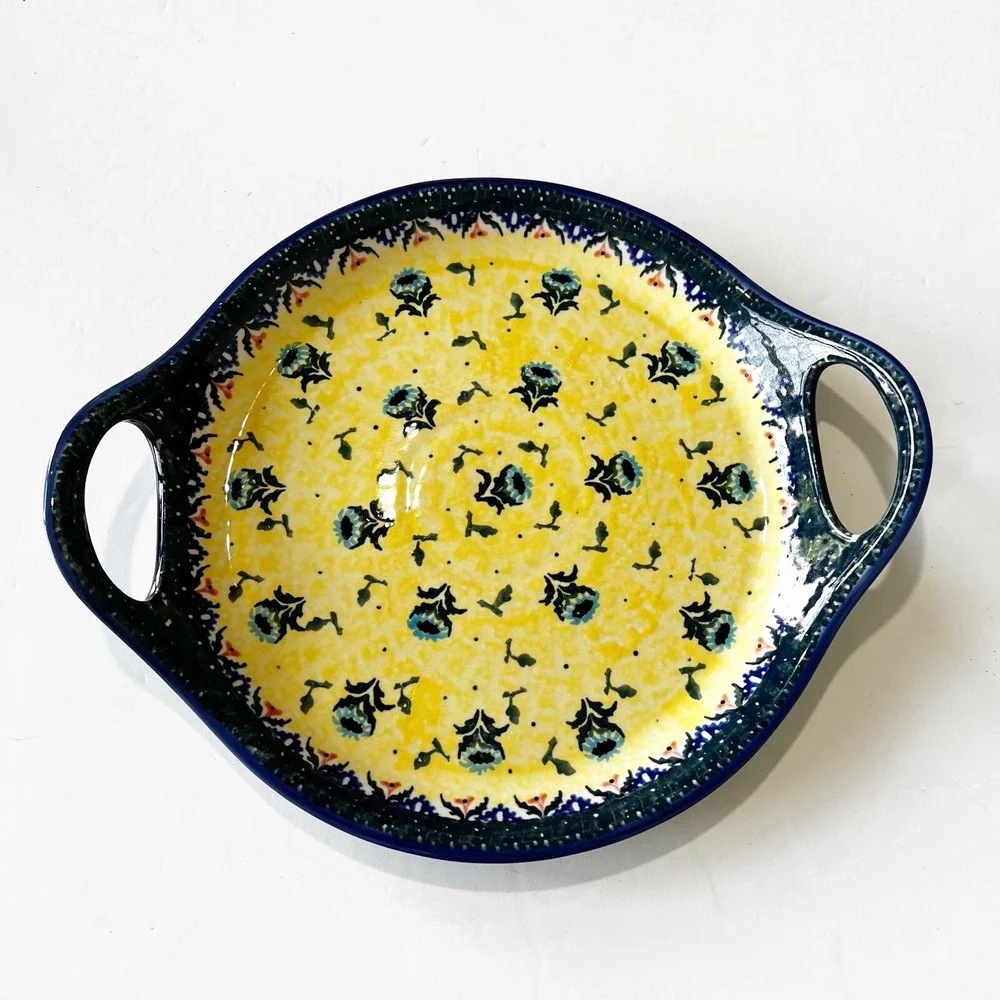 Boleslawiec Polish Pottery Yellow Blue Round Serving Tray w/ Handles Coneflower